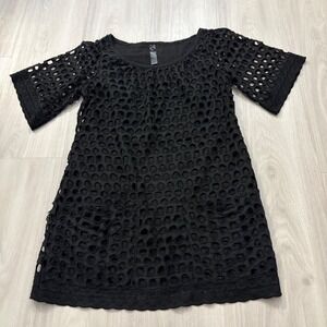 Priorities Dress Women Black Eyelet Lace Cotton Tunic Short Sleeve P51442 Size M